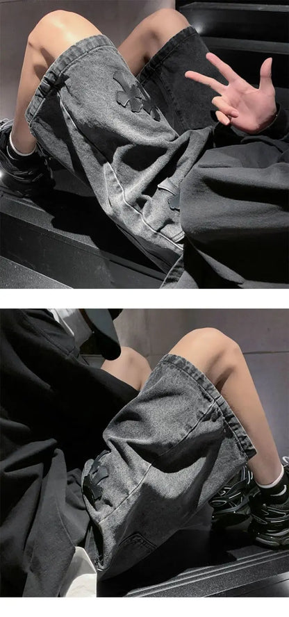 American cross-print denim shorts men's summer thin Hong Kong style loose trousers trendy brand retro casual mid-pants y2k tops