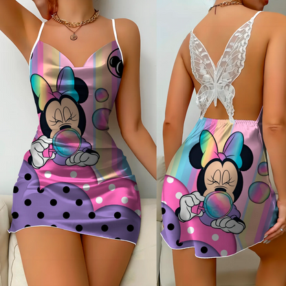 Mini Dress Pajama Skirt Bow Knot Party Dresses Satin Surface Minnie Mouse Disney Mickey Women's Fashion Summer 2025 Elegant Women