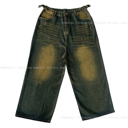 REDDACHiC Plus Size Green Wash Baggy Jeans Men Adjust-waist Wide Leg Casual Pants Vintage Y2k Trousers Biker Moto Streetwear