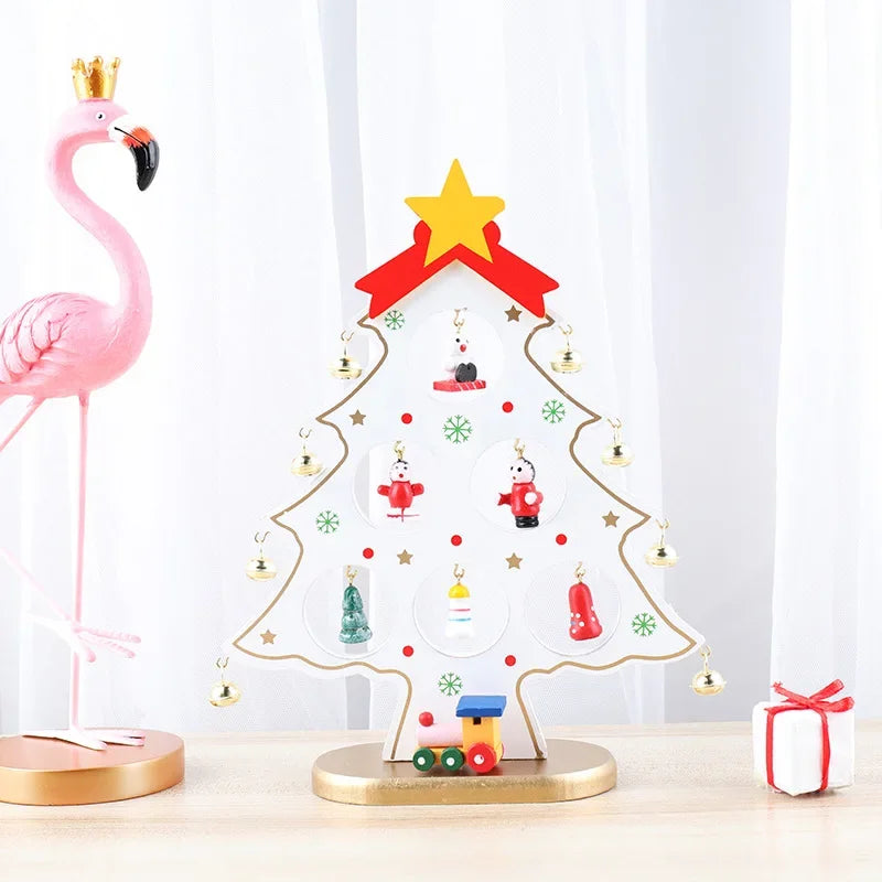 Holiday Tabletop Décor Carved Wood Xmas Tree 6 Hole Centerpiece for Mantel Scene Christmas Village Diorama Craft Ornament