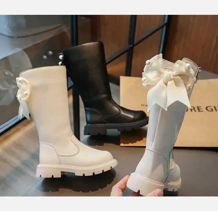 Knee Length Boots Children Shoes New 2025 Autumn Winter Fashion High Top Student Shoes Girls Princess Shoes with Bow Kids Boots