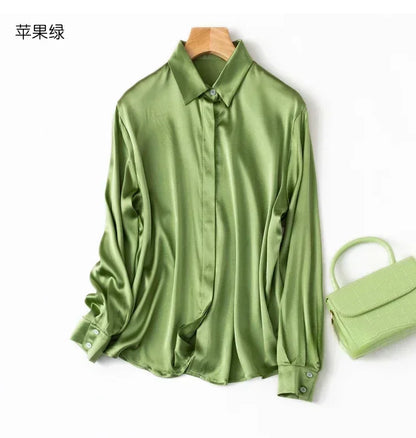 Tajiyane Women's 93% Mulberry Silk 7% Spandex 19 momme satin Silk Buttons long sleeve shirt Top Blouse office work chemise femme