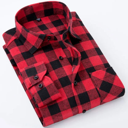 Men's Slim-fit Casual Brushed Flannel Contrast Plaid Shirt Single Patch Chest Pocket Comfortable Soft Long Sleeve Gingham Shirts