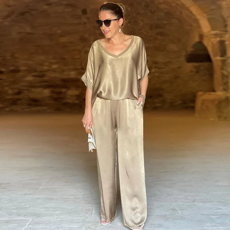 Women 2-piece Set, Satin Loose Fitting Suit, Short Sleeved T-shirt, 2 Pairs Of Pants, Summer Conjuntos Para Majerus 2 Piazzas