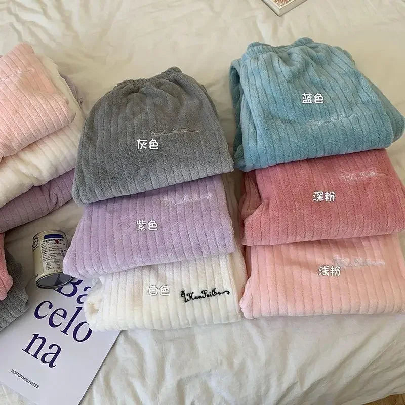 Solid round neck simple coral fleece pajamas for women winter warm velvet casual loose pullover + long pants 2pcs Pajama sets