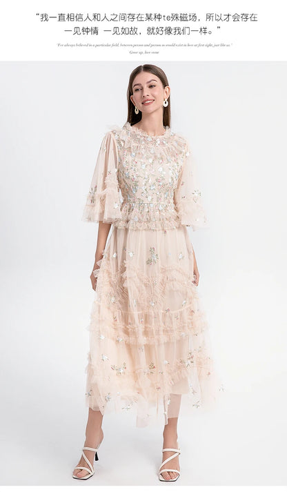 Runway Luxury Long Dresses Women 2025 Summer Holiday Embroidery Flower Ruffles Midi Party Evening Dress Lady Prom Vestidos