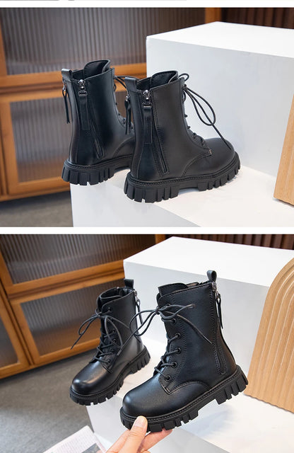 Girls Boots Simple Non-slip Back Zipper Summer Breathable Versatile Soft Autumn Winter Black Children Leather Boots 2025 New