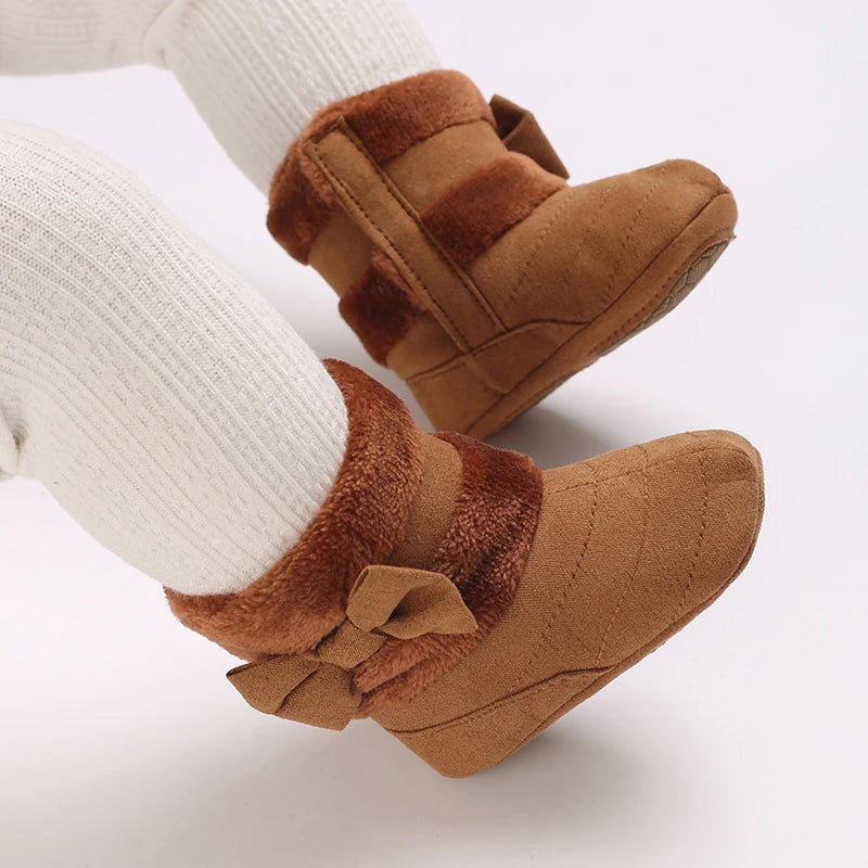 Baby Girl Boots Cute Bowknot Crib Shoes Infant Winter Warm Plush Boots First Walker Shoes with Non-Skid Soles