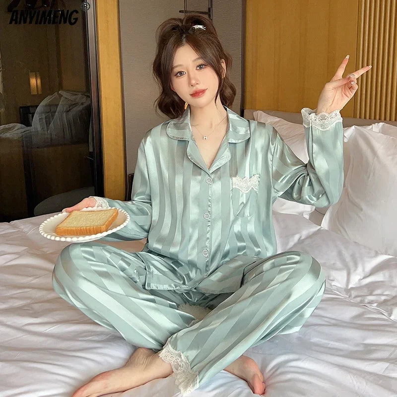 Women Casual Luxury Pajamas Thin Pajamas Female Sleepwear New Elegant Ladies Faux Silk Polyester Dots Pajama Sets Sexy Home wear