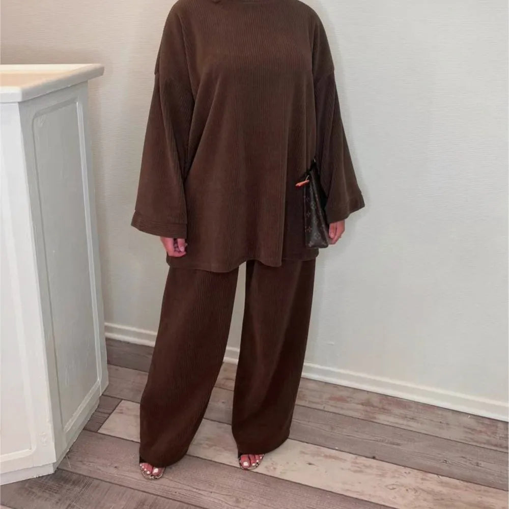 Spring Autumn Solid Color Corduroy Pants Sets Women Loose Long Sleeve Wide Legs Trousers Two Piece Set Female Commuting Clothing