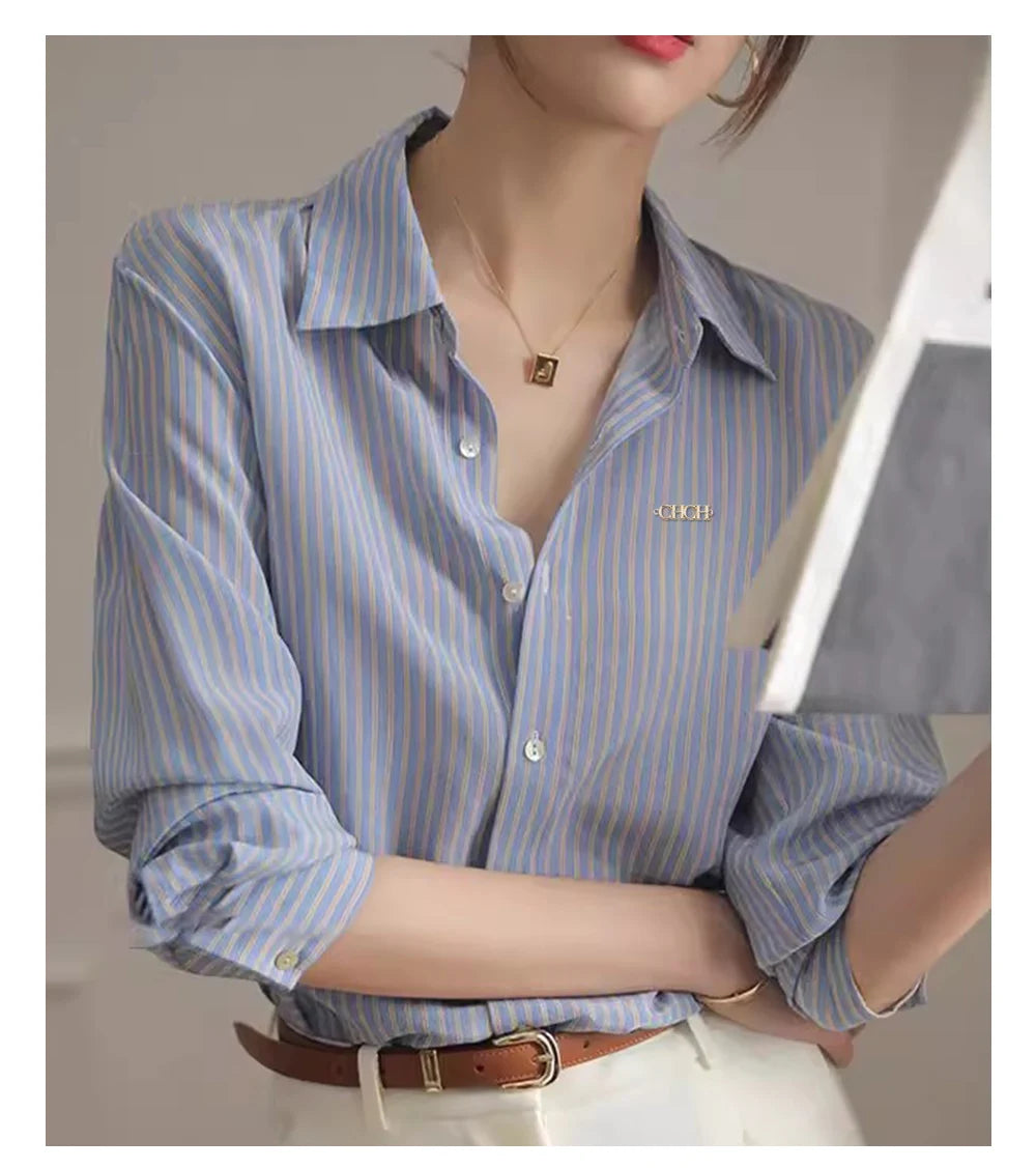 Women's Shirt New Popular Classic High Grade Female Long Sleeved Shirt Vintage Elegant Stripe Versatile Office Lady Fashion Tops