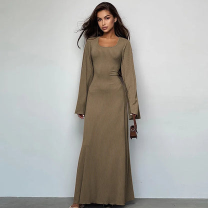 Elegant Knitted Maxi Dress For Women Fashion Solid Lace Up Long Sleeve Slim Dresses New Lady Commuting Robe Party Vestidos 2025