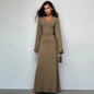 Elegant Knitted Maxi Dress For Women Fashion Solid Lace Up Long Sleeve Slim Dresses New Lady Commuting Robe Party Vestidos 2025