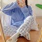 Women's Winter Pajamas Set Fleece Casual Solid Top Thick Warm Sleepwear and Plaid Pants Soft Pijamas Set for Women Home Suit