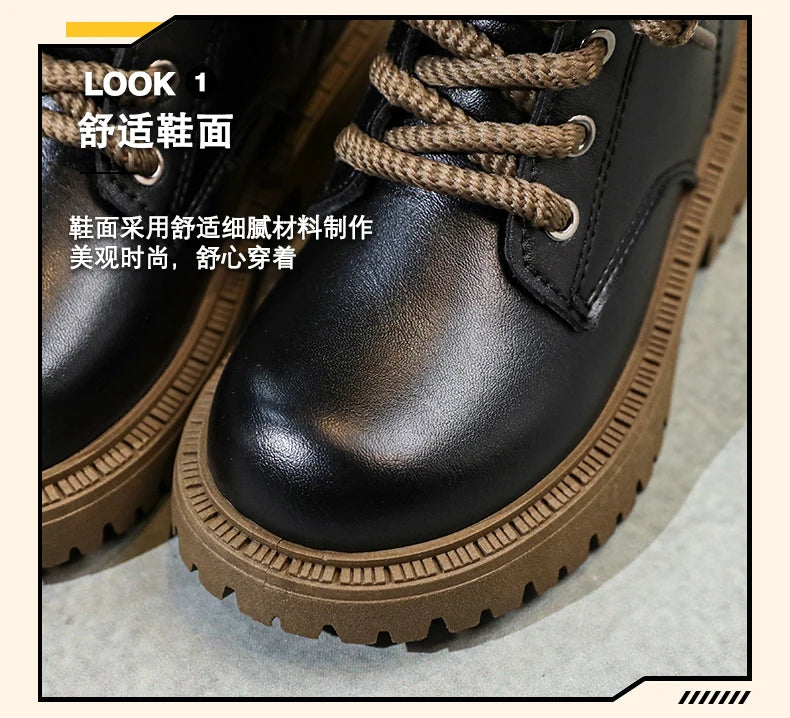 Kid's Winter Cotton Boots Plus Velvet Thickening Water Proof Retro Black Trendy All-match Leather Casual Boys Girls Ankle Boot
