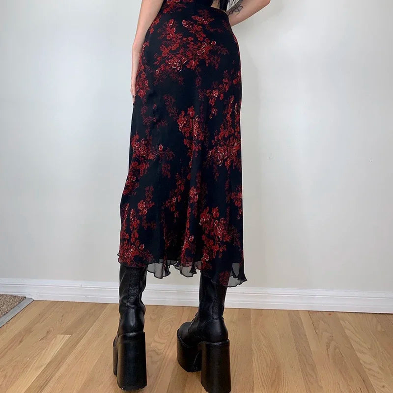 Combhasaki Women's Y2K Retro Vintage Floral Printed High Waist Ruffled Elegant Elastic Waist Long Skirts Street Style Bottoms