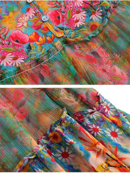 High Quality Summer 2025 Beach Boho Vintage Print Chiffon V Neck Dress Elegant Party Robe Designer Vespids Loose Midi Dress