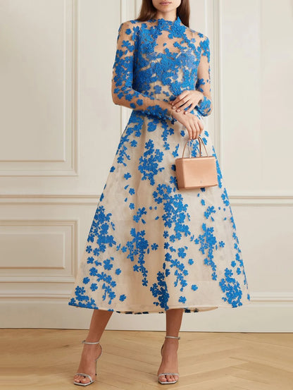 Elegant Women Dress Long Sleeve Cinch Waist Floral Appliques Pleated A-Line Retro Casual Party Wedding Guest Midi Dress 2026