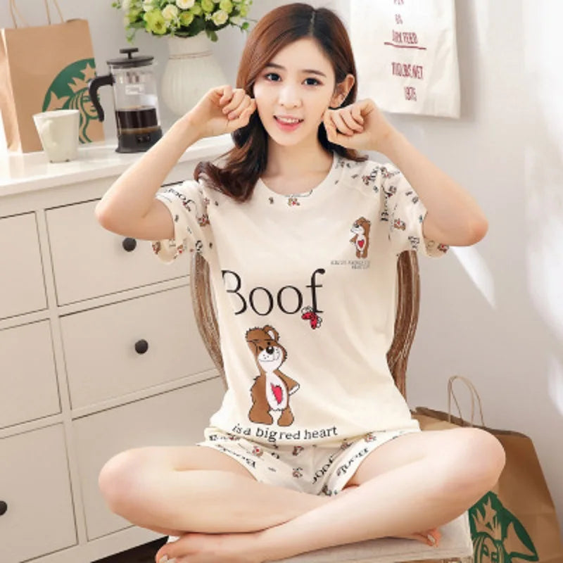 Autumn Thin 2pieces Pijamas Set Women 2026 Cartoon Round Neck Girls Pajamas Sets Honey Boof Full Sleepwear Clothes Sleep Tops