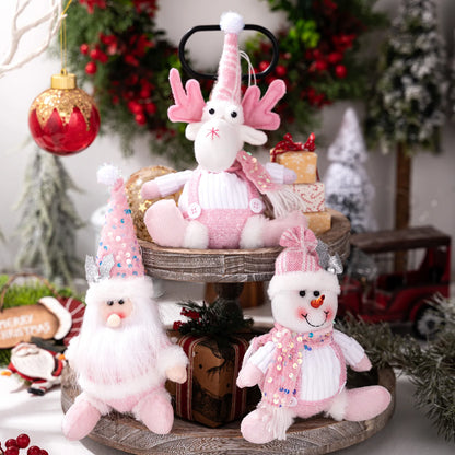 Christmas Decorations: Pink Sequined Scarf, Snowman, Pink Overalls, Reindeer, Pink Sequined Pointed Hat, Santa Claus Home Decor