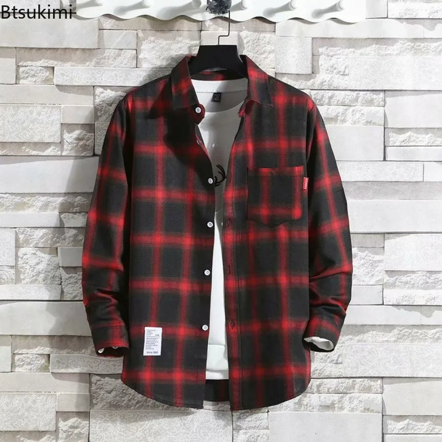 Spring New Korean Style Plaid Shirts Men's Handsome Long-sleeved Loose Casual All-matching Shirt Coats 2026 Trend Men's Clothing