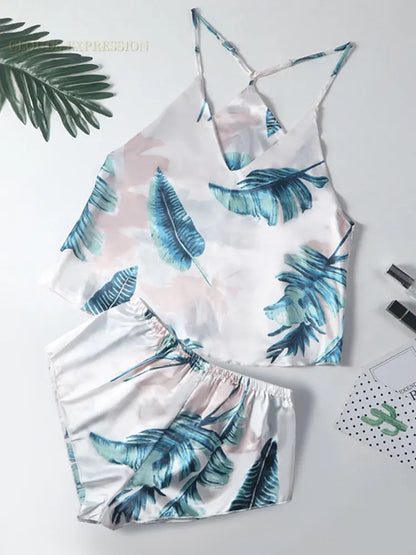 Summer Cool Ladies Faux Silk Polyester PJ Sexy Sling Pajama Sets Home wear Women's Pajamas Female Sleepwear Home wear Gift for GF