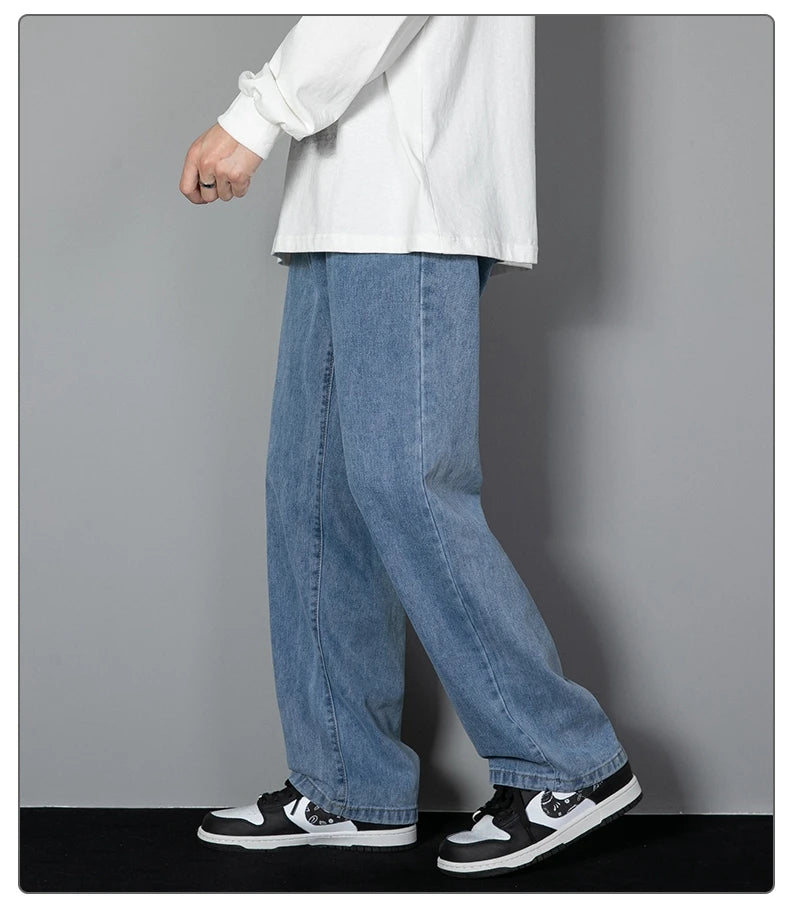 2026 New Korean Men's Casual Long Jeans Classic Man Straight Denim Wide-leg Pants Solid Color Light Blue Grey Black 3XL
