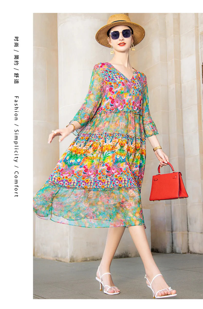 High Quality Summer 2025 Beach Boho Vintage Print Chiffon V Neck Dress Elegant Party Robe Designer Vespids Loose Midi Dress