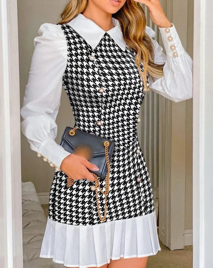 Women's Dresses 2026 Spring Fashion Houndstooth Button Decor Puff Sleeve Ruffle Hem Elegant Turn-Down Collar Daily A Line Dress