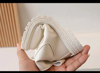 2025 Beige Girls Boots Side Zipper Simple Non-slip Casual Kids Shoes Versatile Soft Boys Britain Style Children Short Boots PU