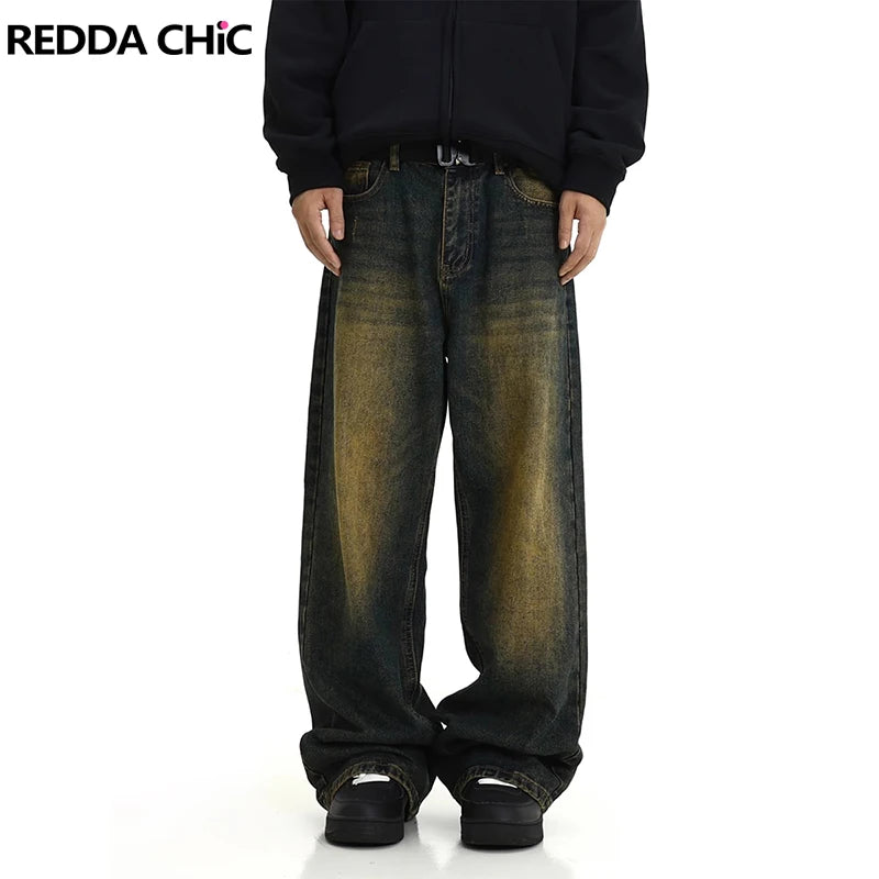 REDDACHiC Plus Size Green Wash Baggy Jeans Men Adjust-waist Wide Leg Casual Pants Vintage Y2k Trousers Biker Moto Streetwear