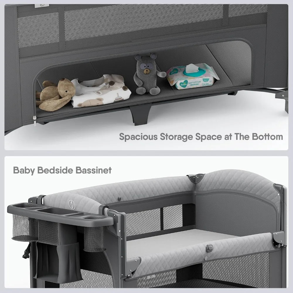 4 in 1 Baby Bassinet, Pack and Play, Bedside Crib Sleeper, Diaper Changer - Comes with Mattress, Mosquito Net Bottom Storage