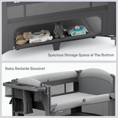 4 in 1 Baby Bassinet, Pack and Play, Bedside Crib Sleeper, Diaper Changer - Comes with Mattress, Mosquito Net Bottom Storage