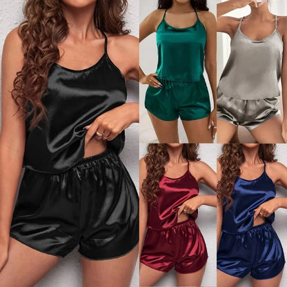 Women's Sleepwear Sexy Lace Satin Pajama Sets Nightwear Sleeveless Tops+ Shorts 2 Pcs Sets Pajama Sets for Women Pajama