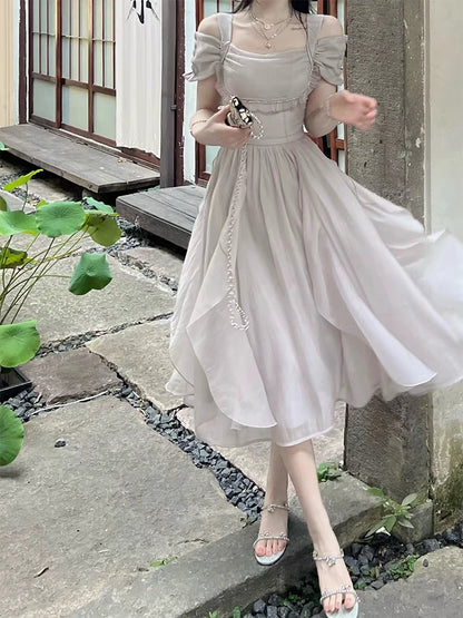Korean Casual Midi Dress for Women 2026 New Summer Fashion Elegant Off The Shoulder Folds Ruffle Female Clothes Birthday Dress