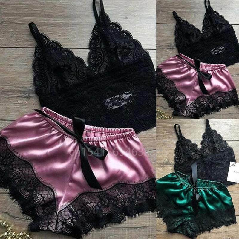 Women's Sexy Lace Sleepwear Lace Necklacing Lingerie Sleeveless V-Neck Baby doll Pajamas Set Lingerie Tops Shorts Set Nightwear