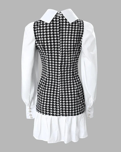 Women's Dresses 2026 Spring Fashion Houndstooth Button Decor Puff Sleeve Ruffle Hem Elegant Turn-Down Collar Daily A Line Dress