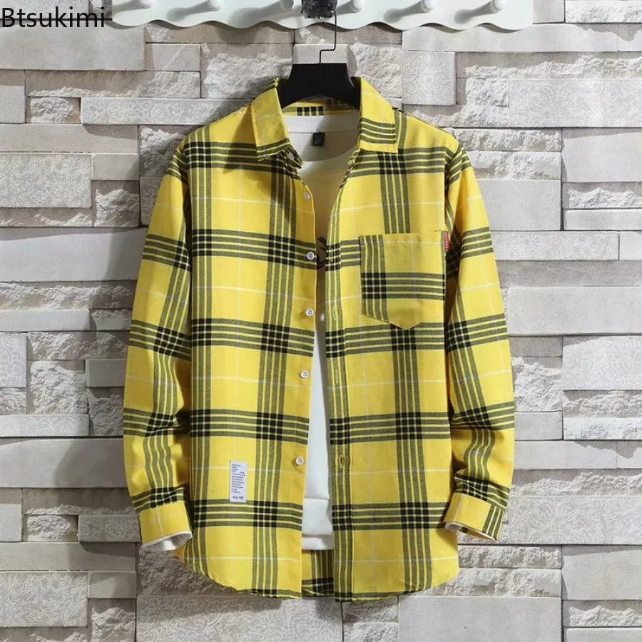 Spring New Korean Style Plaid Shirts Men's Handsome Long-sleeved Loose Casual All-matching Shirt Coats 2026 Trend Men's Clothing