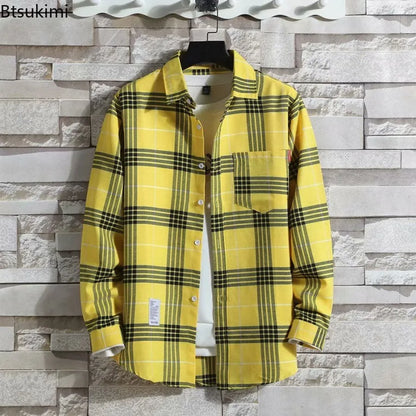 Spring New Korean Style Plaid Shirts Men's Handsome Long-sleeved Loose Casual All-matching Shirt Coats 2026 Trend Men's Clothing