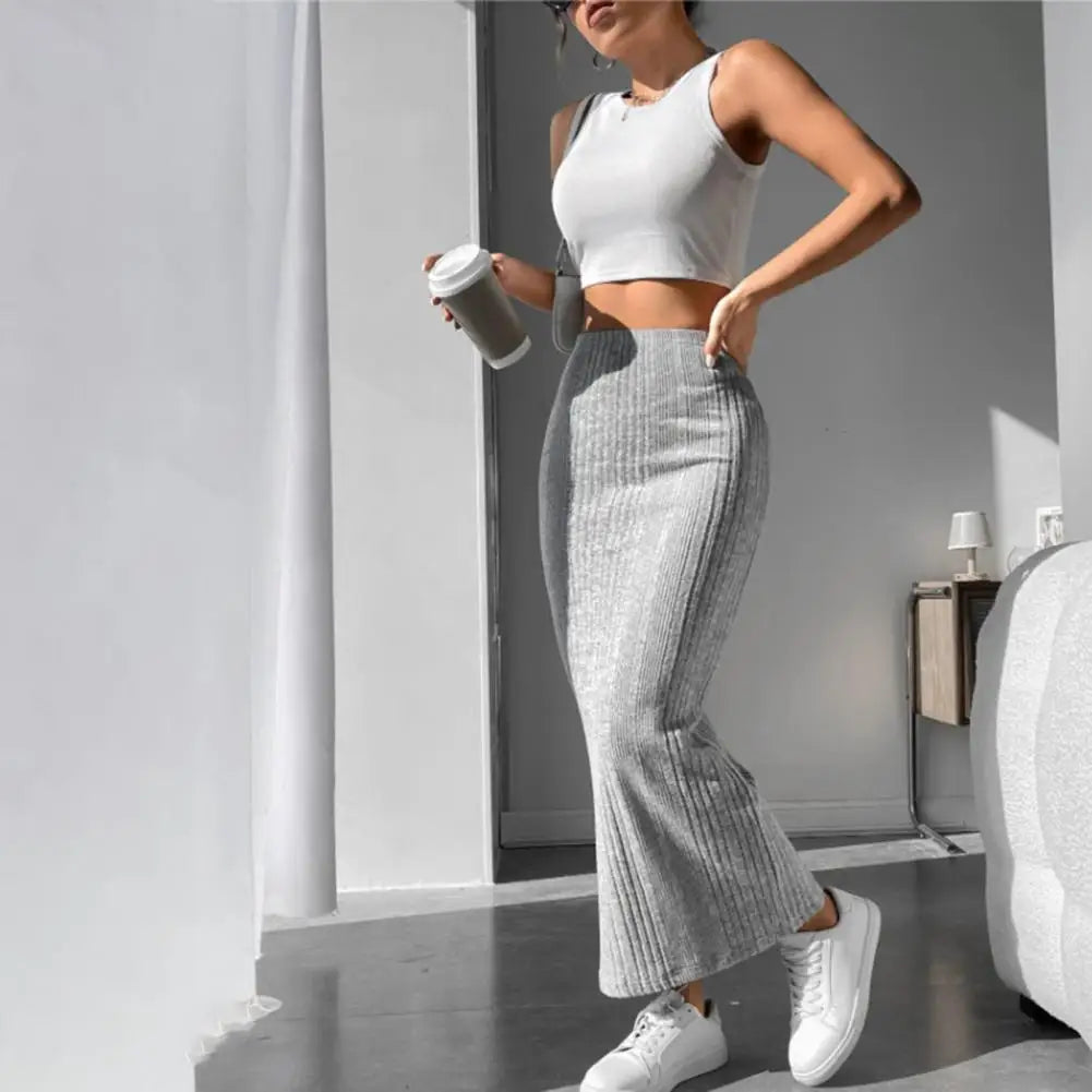 Solid Bodycon Ruched Knitted Long Skirt Women Sexy Black Elastic Elegant High Waist Mermaid Sheath Maxi Skirts Summer Streetwear