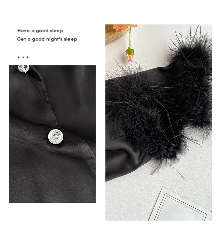 Spring Autumn Female Pajamas Trouser Set Luxury Feather Pink Bride Wedding Sleep wear Gift Sexy Loose Satin Home Wear Lounge wear