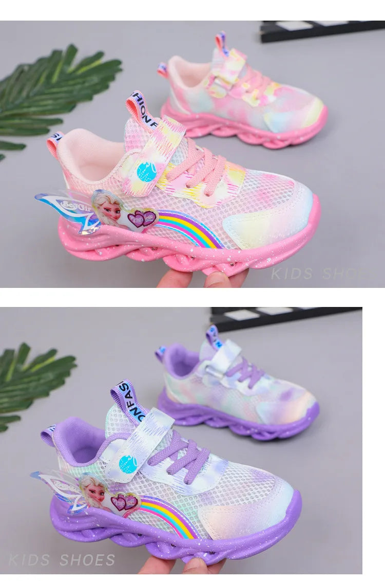 Disney Girls' Casual Shoes Led Lights Mesh Breathable Children's Sports  Princess Elsa Pink Purple Shoes Sneakers Size 22-37