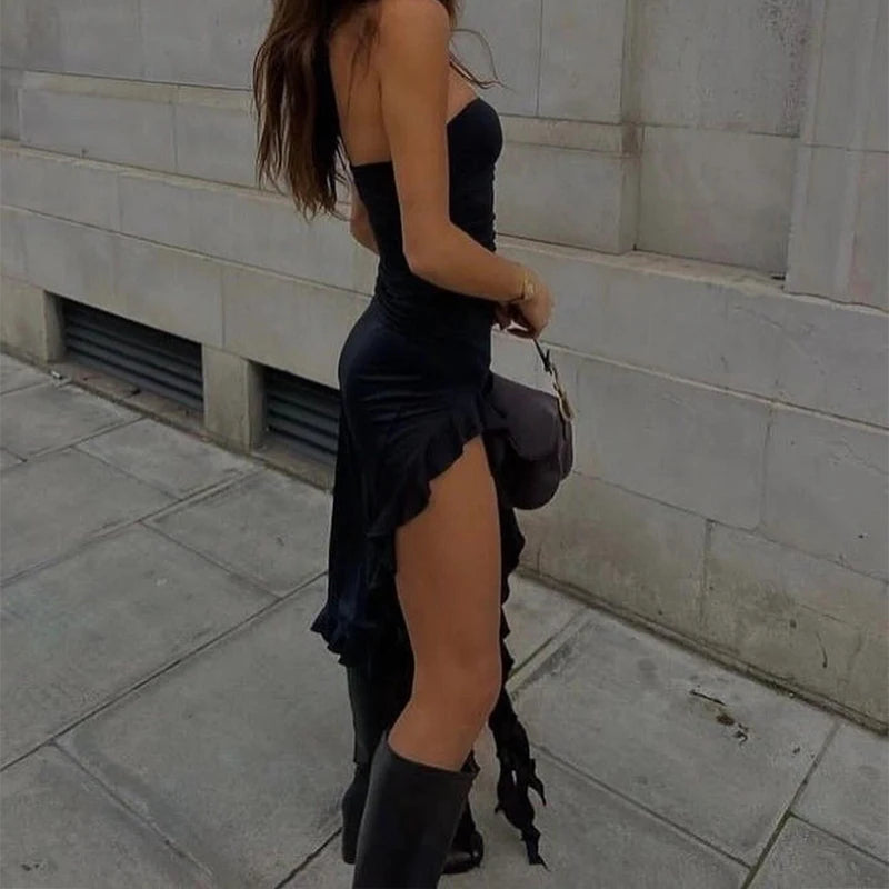 Elegant Strapless Sexy Maxi Dress Women's Irregular Tassel 2025 Summer Trend Skinny Split Bodycon Birthday Party Clubwear Dress