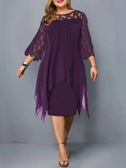 Sexy Women'S Clothing Evening Dresses Xxl O Neck Lace Sleeve Hollow Out Solid 2026 Elegant Midi Party Dress For Chubby Women