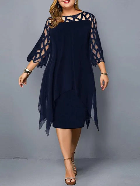Sexy Women'S Clothing Evening Dresses Xxl O Neck Lace Sleeve Hollow Out Solid 2026 Elegant Midi Party Dress For Chubby Women