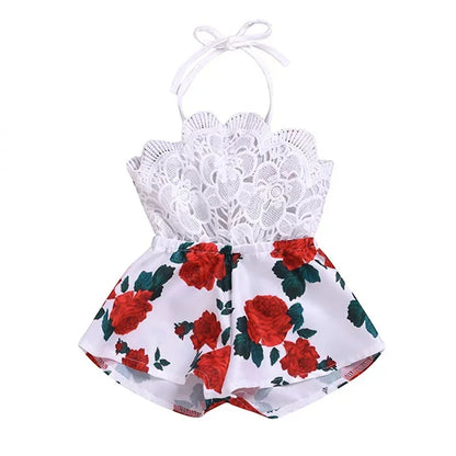 Newborn Baby Girl Clothes Sleeveless Lace Flower Print Strap Romper Jumpsuit One-Piece Outfit Summer Clothes