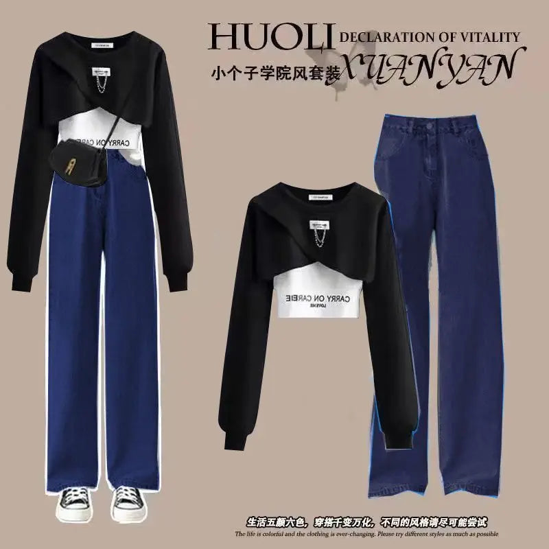 Spring and Autumn Set Women's 2026 Korean Loose Fashion Top Casual Work Pants Age Reducing Three Piece Set