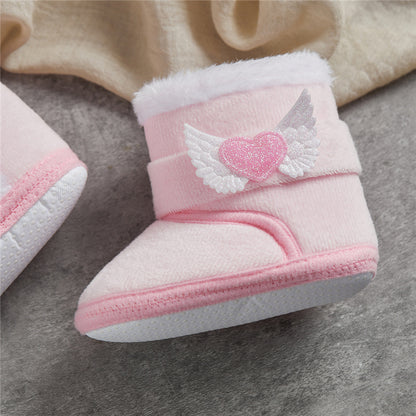 Suefunskry Newborn Baby Winter Snow Boots Contrast Color Ankle Boots Warm Plush Heart Wings Baby Walking Shoes for Toddler 0-18M