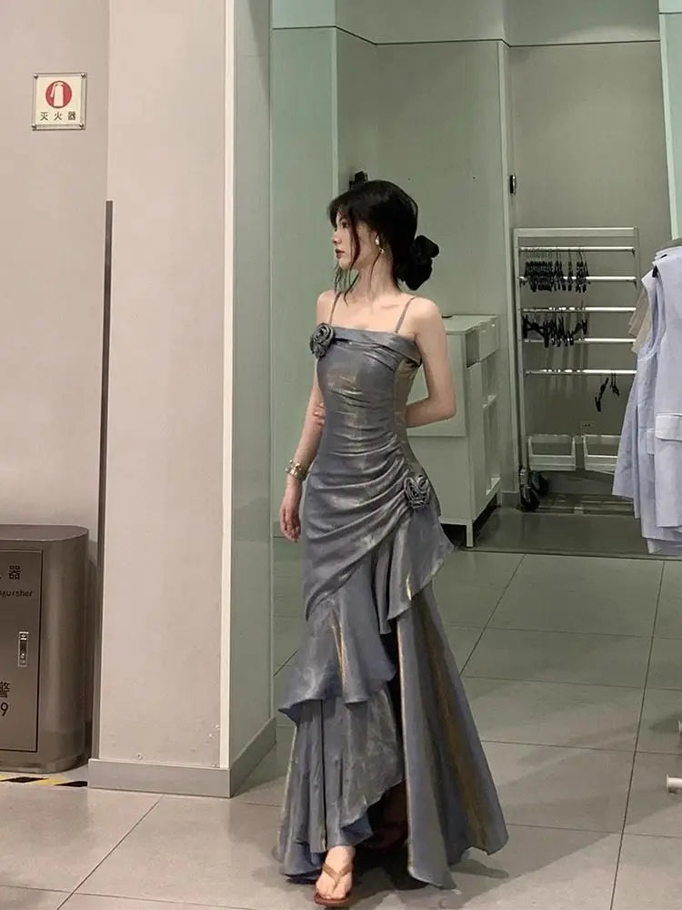 Korean Vintage Velvet Long Dress Women Luxury Slim Mermaid Spaghetti Strap Floral Dress Elegant Sexy Casual Evening Party Dress