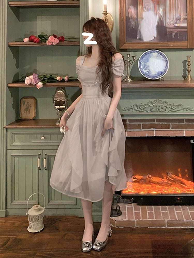 Korean Casual Midi Dress for Women 2026 New Summer Fashion Elegant Off The Shoulder Folds Ruffle Female Clothes Birthday Dress